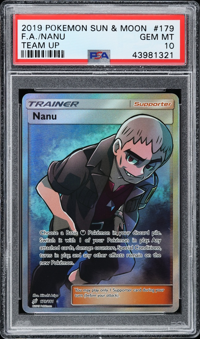 2019 Pokemon Sun & Moon Team Up Full Art Nanu #179 PSA 10 GEM MINT