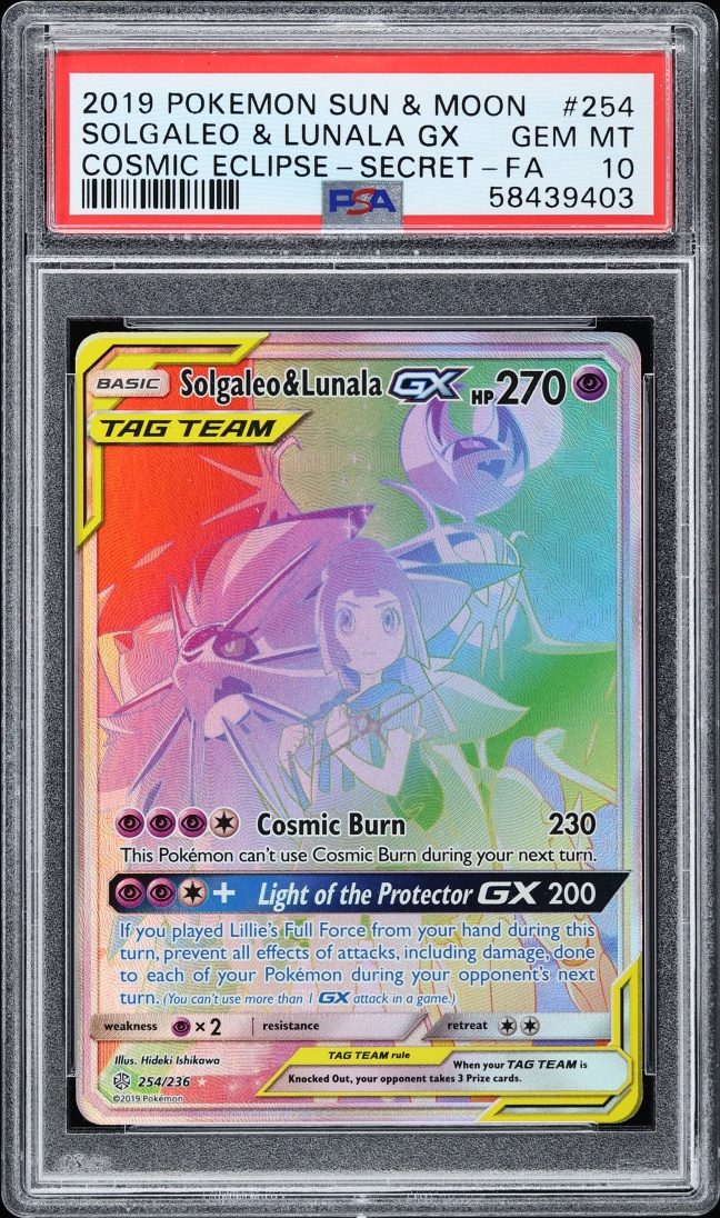 2019 Pokemon Sun & Moon Cosmic Eclipse Rainbow Rare Solgaleo & Lunala GX #254 PSA 10 GEM MINT