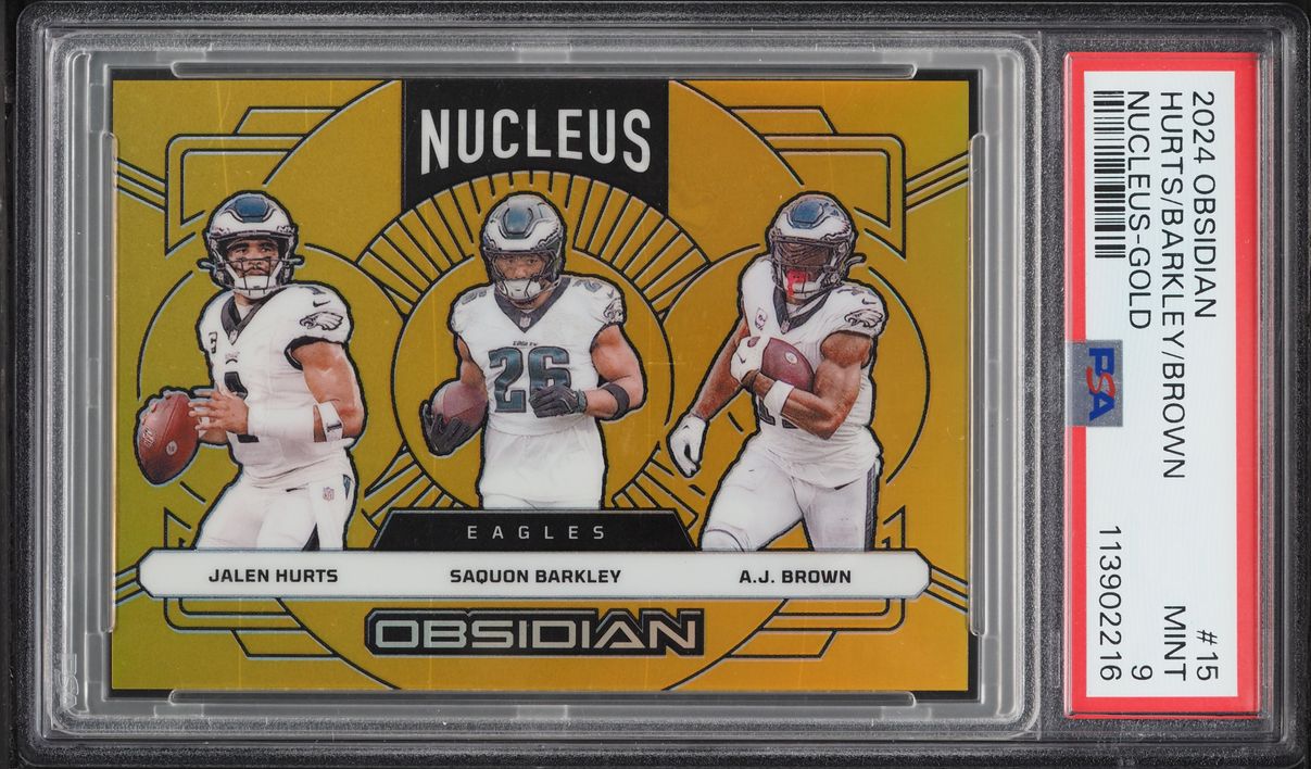 2024 Panini Obsidian Nucleus Gold Jalen Hurts Saquon Barkley AJ Brown /10 #15 PSA 9 MINT