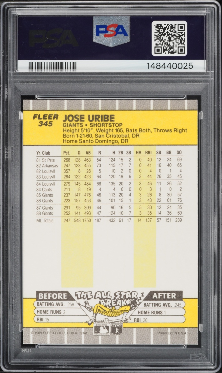 1989 Fleer Jose Uribe #345 PSA 10 GEM MINT