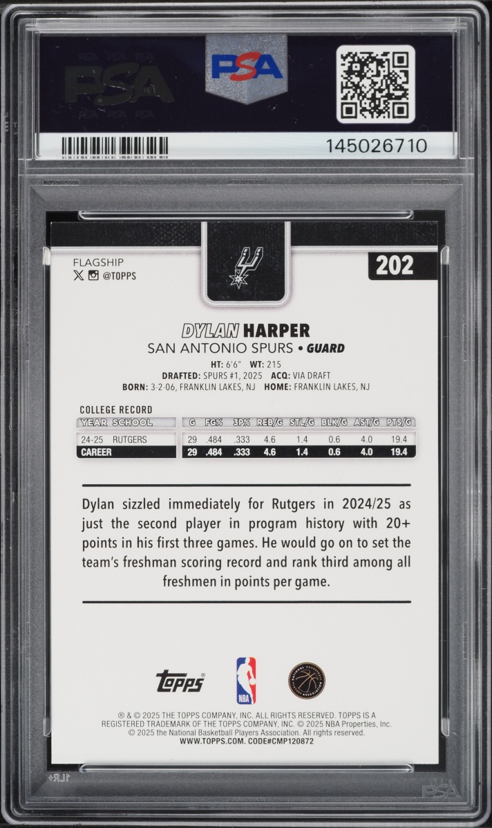 2025 Topps Basketball Dylan Harper ROOKIE #202 PSA 9 MINT