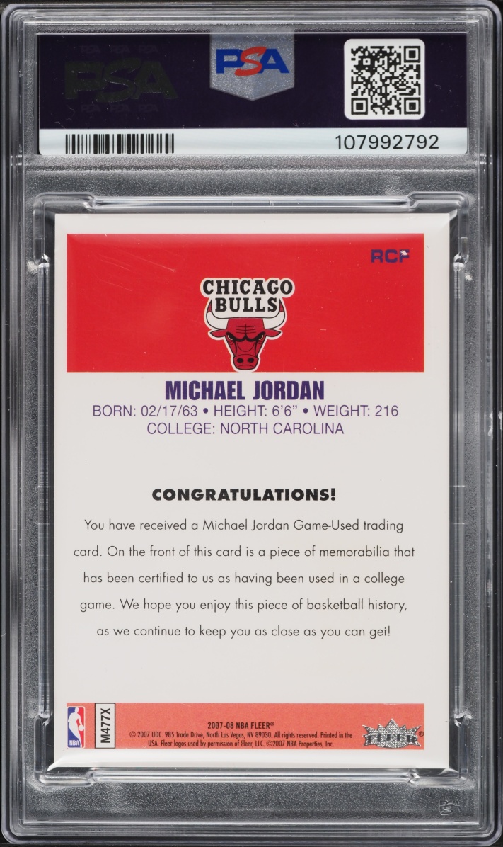 2007 Fleer Reprint '86 UNC Floor Michael Jordan ROOKIE RELIC PSA 7 NRMT