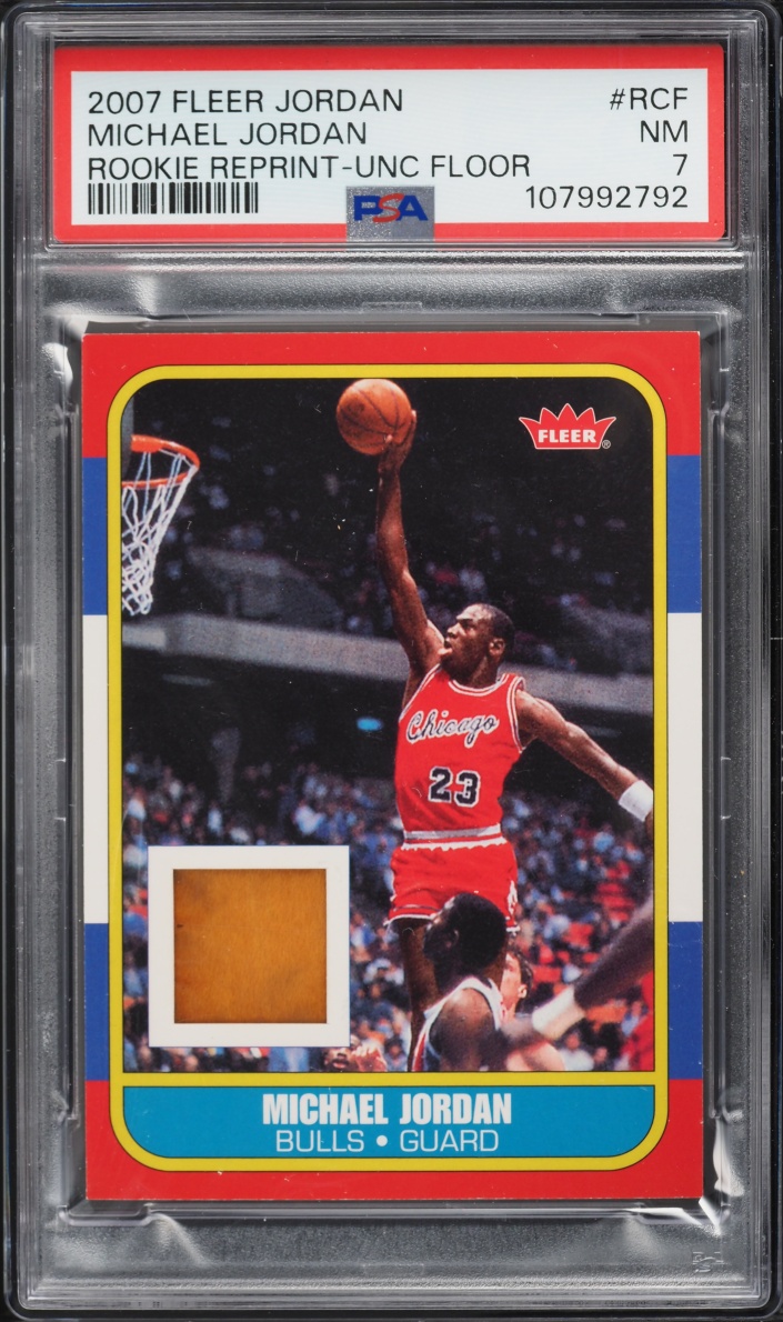 2007 Fleer Reprint '86 UNC Floor Michael Jordan ROOKIE RELIC PSA 7 NRMT
