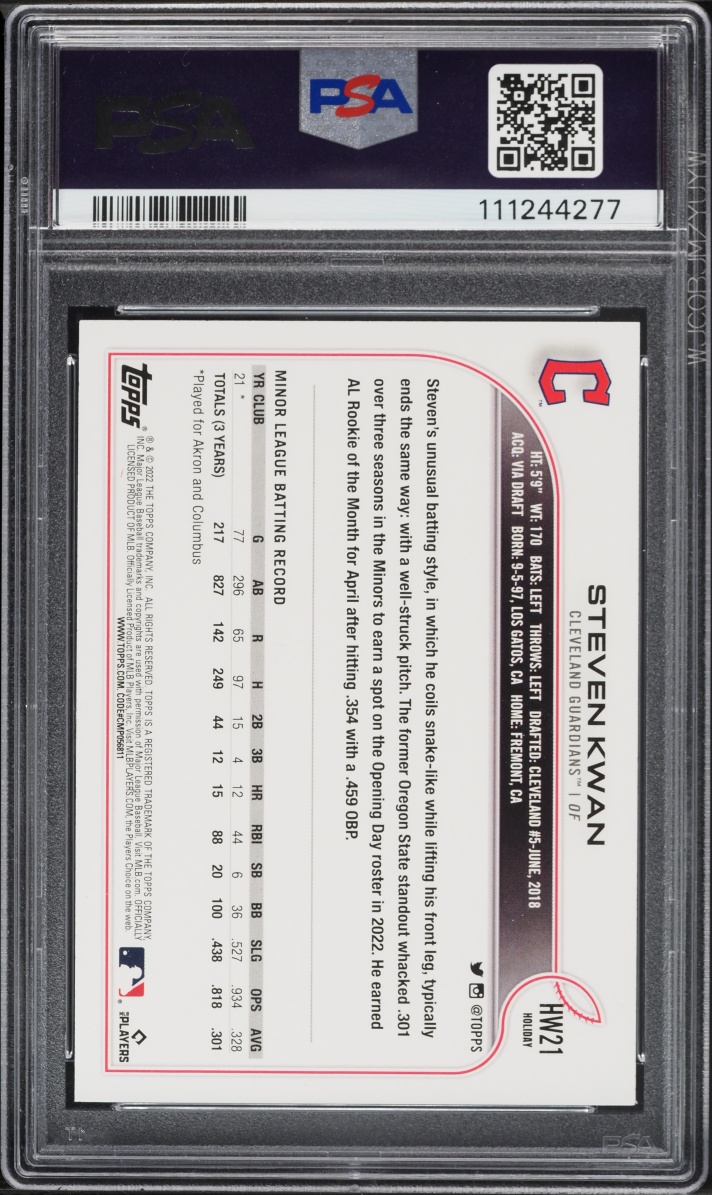 2022 Topps Holiday Steven Kwan ROOKIE #HW21 PSA 10 GEM MINT