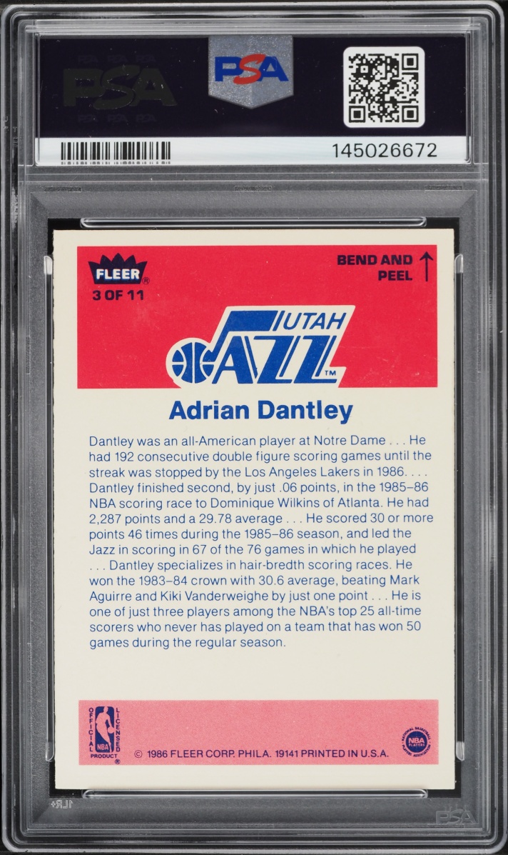 1986 Fleer Sticker Adrian Dantley #3 PSA 5 EX