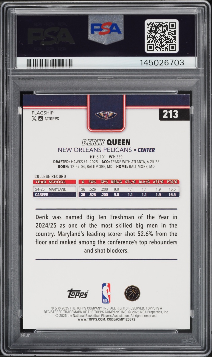 2025 Topps Basketball Derik Queen ROOKIE #213 PSA 9 MINT