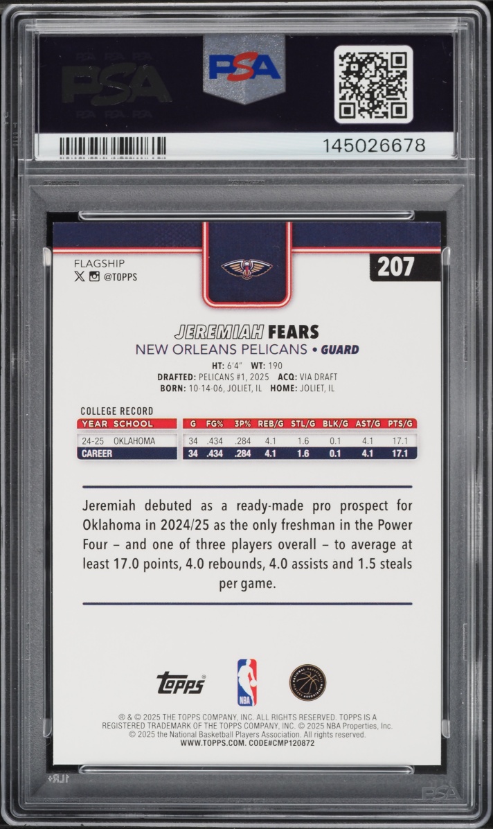 2025 Topps Basketball Jeremiah Fears ROOKIE #207 PSA 10 GEM MINT