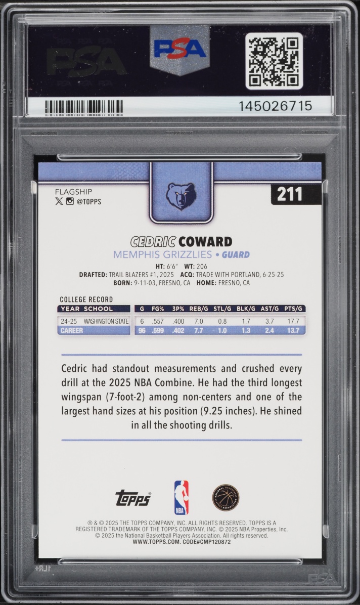 2025 Topps Basketball Cedric Coward ROOKIE #211 PSA 10 GEM MINT