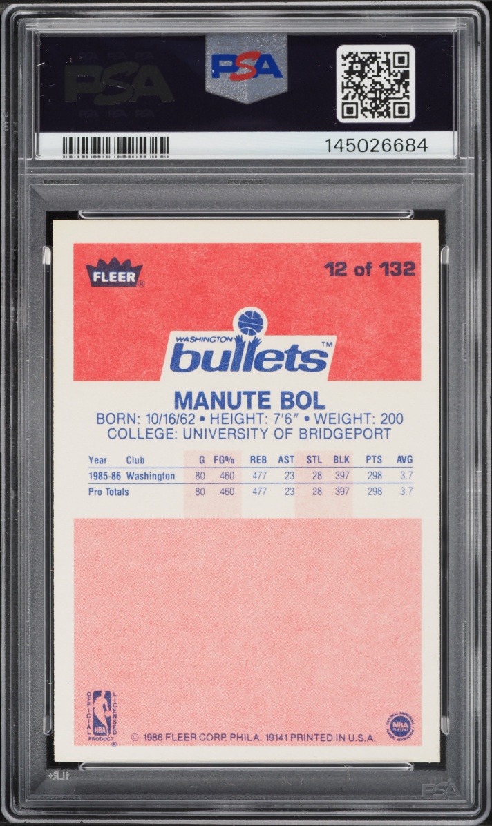 1986 Fleer Basketball Manute Bol ROOKIE #12 PSA 7 NRMT