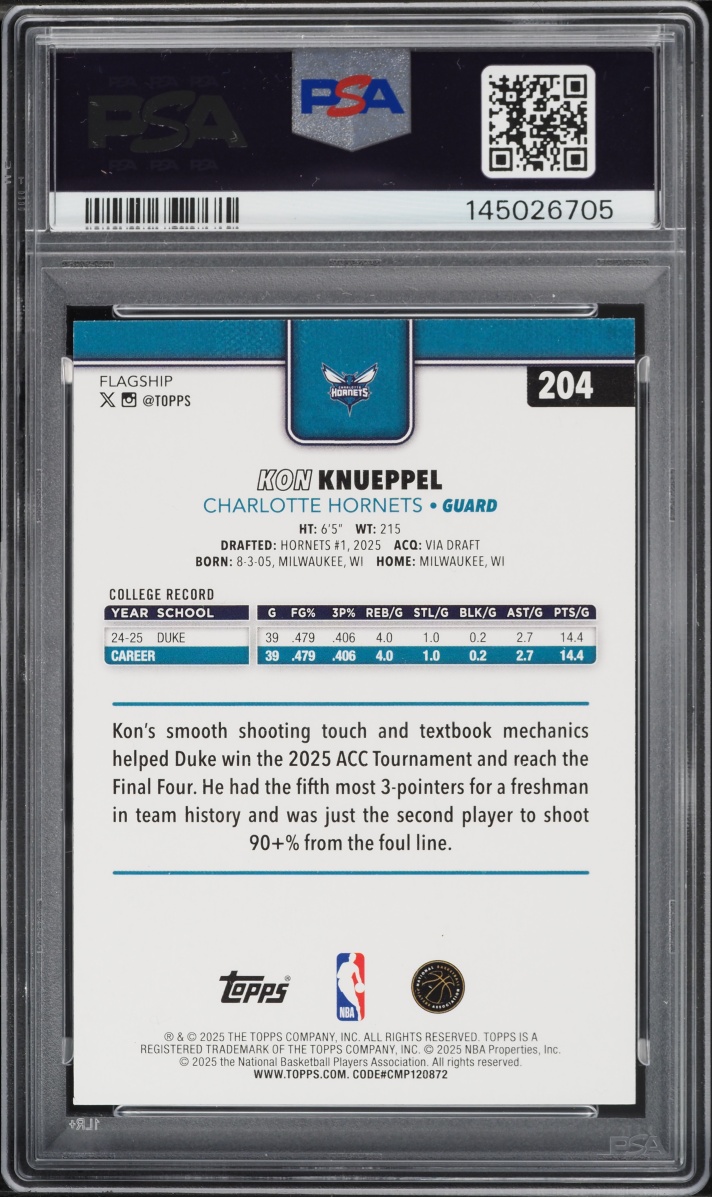 2025 Topps Basketball Kon Knueppel ROOKIE #204 PSA 8 NM-MT