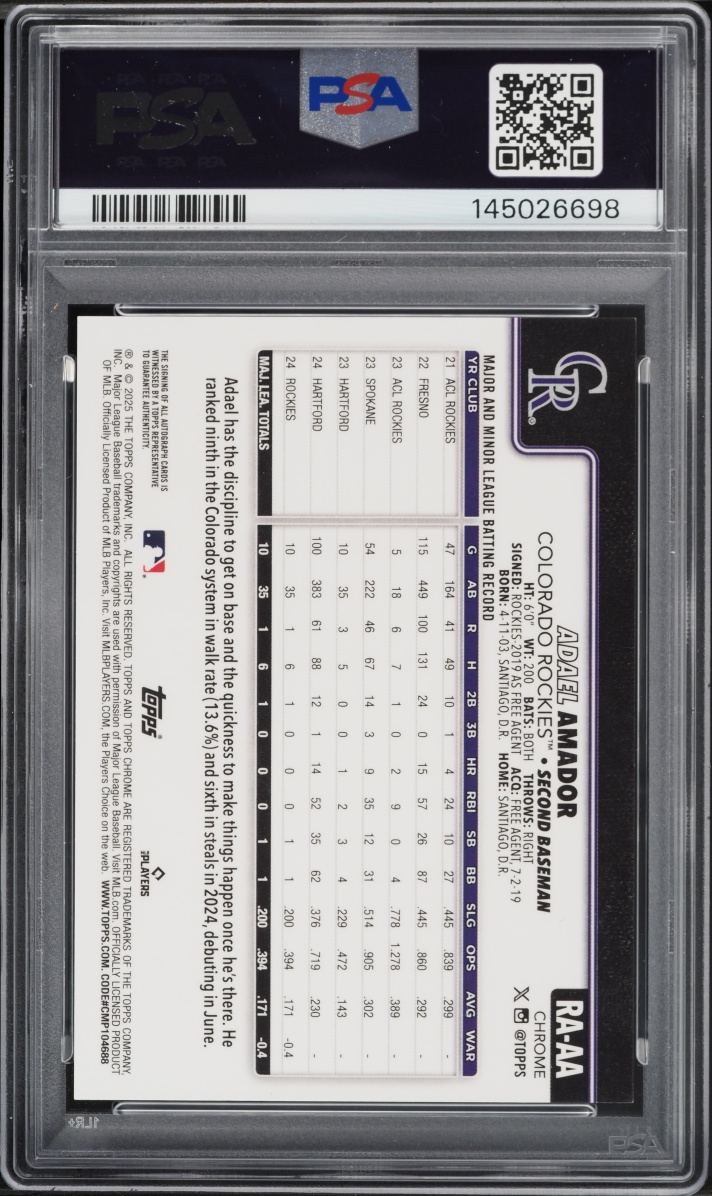 2025 Topps Chrome Update Gold Orange Lava Lamp Adael Amador ROOKIE AUTO /85 #RA-AA PSA 8 NM-MT