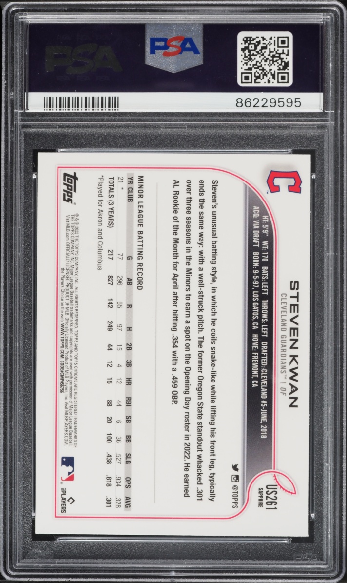 2022 Topps Chrome Update Sapphire Edition Steven Kwan ROOKIE #261 PSA 10 GEM MINT