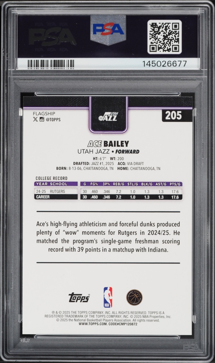 2025 Topps Basketball Ace Bailey ROOKIE #205 PSA 10 GEM MINT