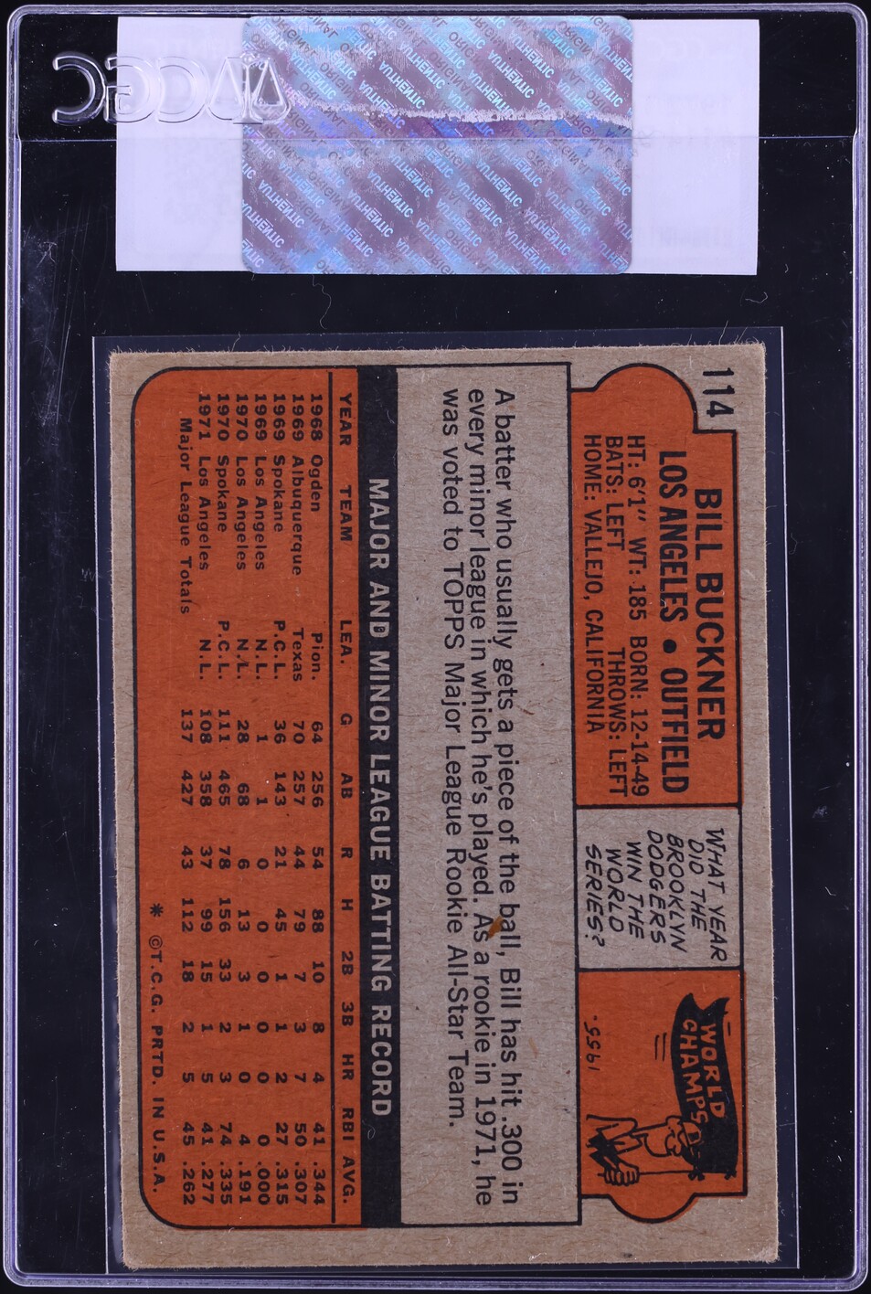1972 Topps Bill Buckner #114 CGC AUTH