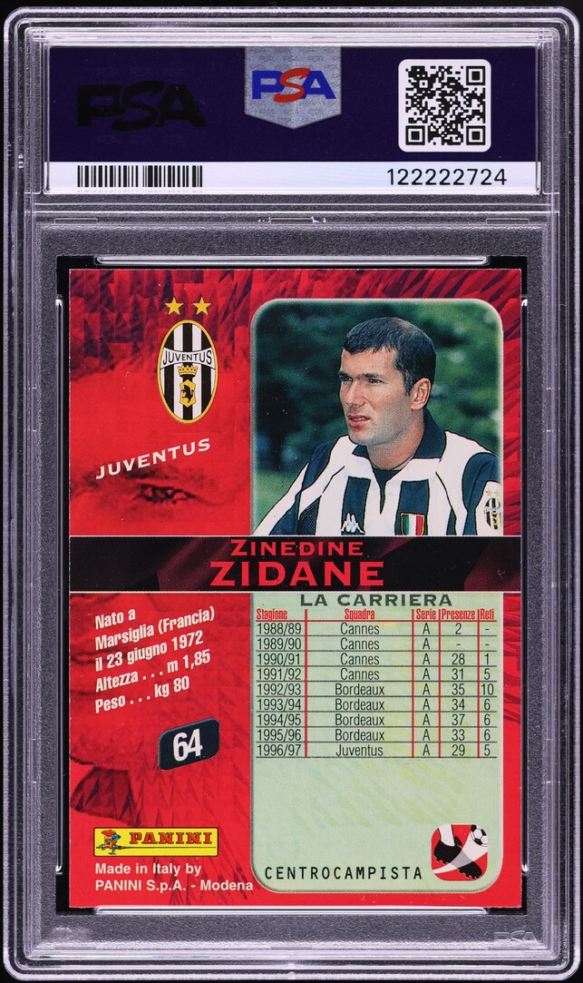 1997 Panini Calcio '98 Zinedine Zidane #64 PSA 9 MINT