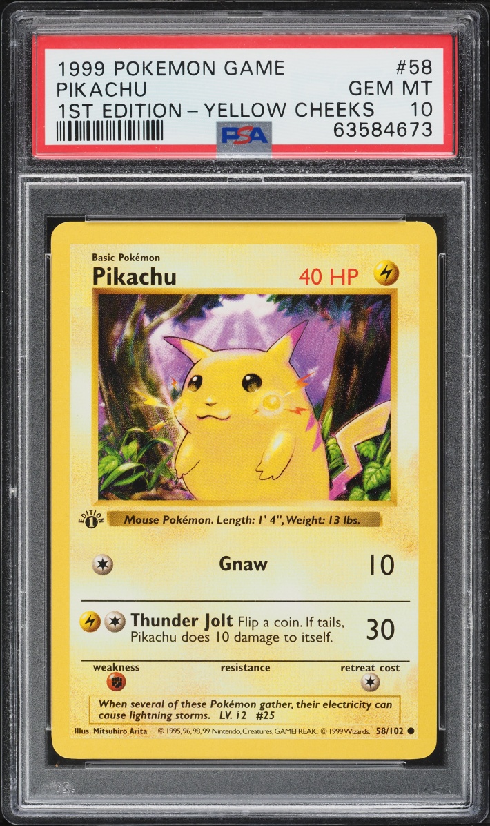 1999 Pokemon Base Set Shadowless 1st Edition Yellow Cheeks Pikachu #58 PSA 10 GEM MINT