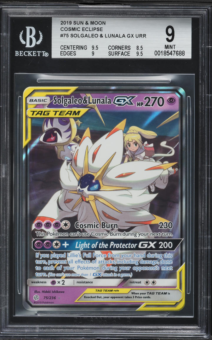 2019 Pokemon Sun & Moon Cosmic Eclipse Solgaleo & Lunala GX #75 BGS 9 MINT
