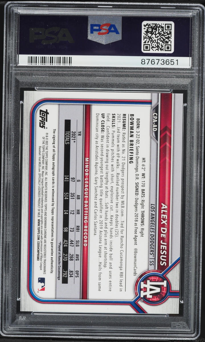 2022 Bowman Chrome Red Refractor Alex De Jesus PROSPECT AUTO /5 #CPA-AD PSA 10 GEM MINT