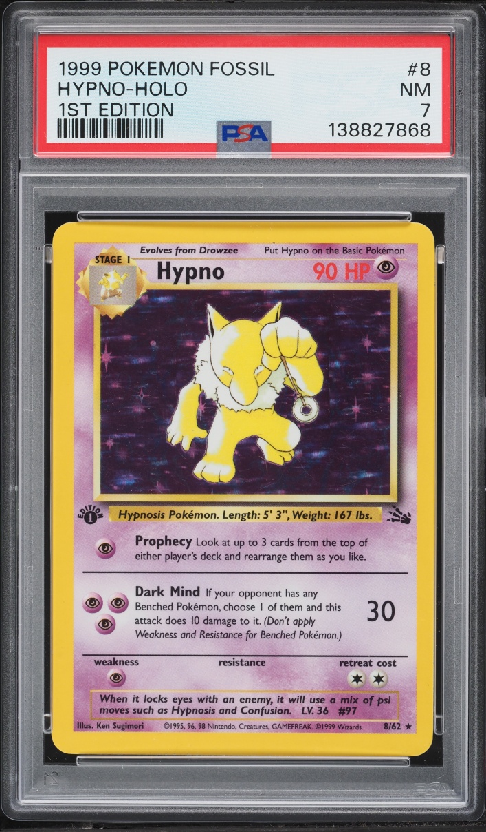 1999 Pokemon Fossil 1st Edition Holo Hypno #8 PSA 7 NRMT
