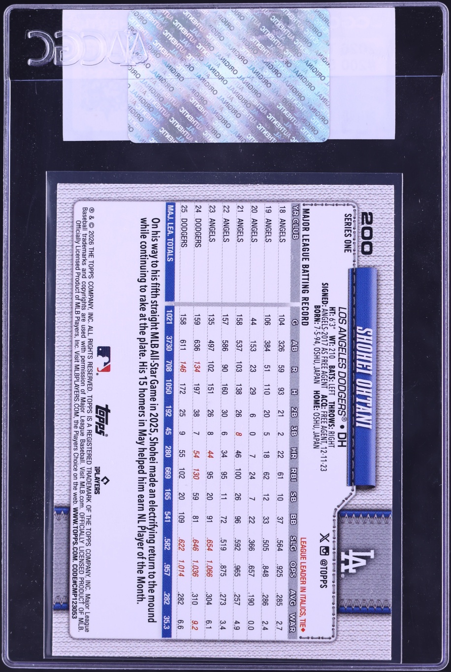 2026 Topps Shohei Ohtani #200 CGC AUTH