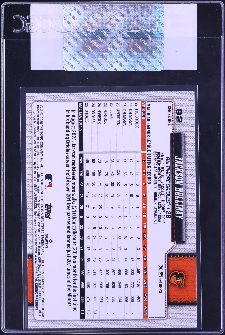 2026 Topps Holiday Jackson Holliday #92 CGC AUTH