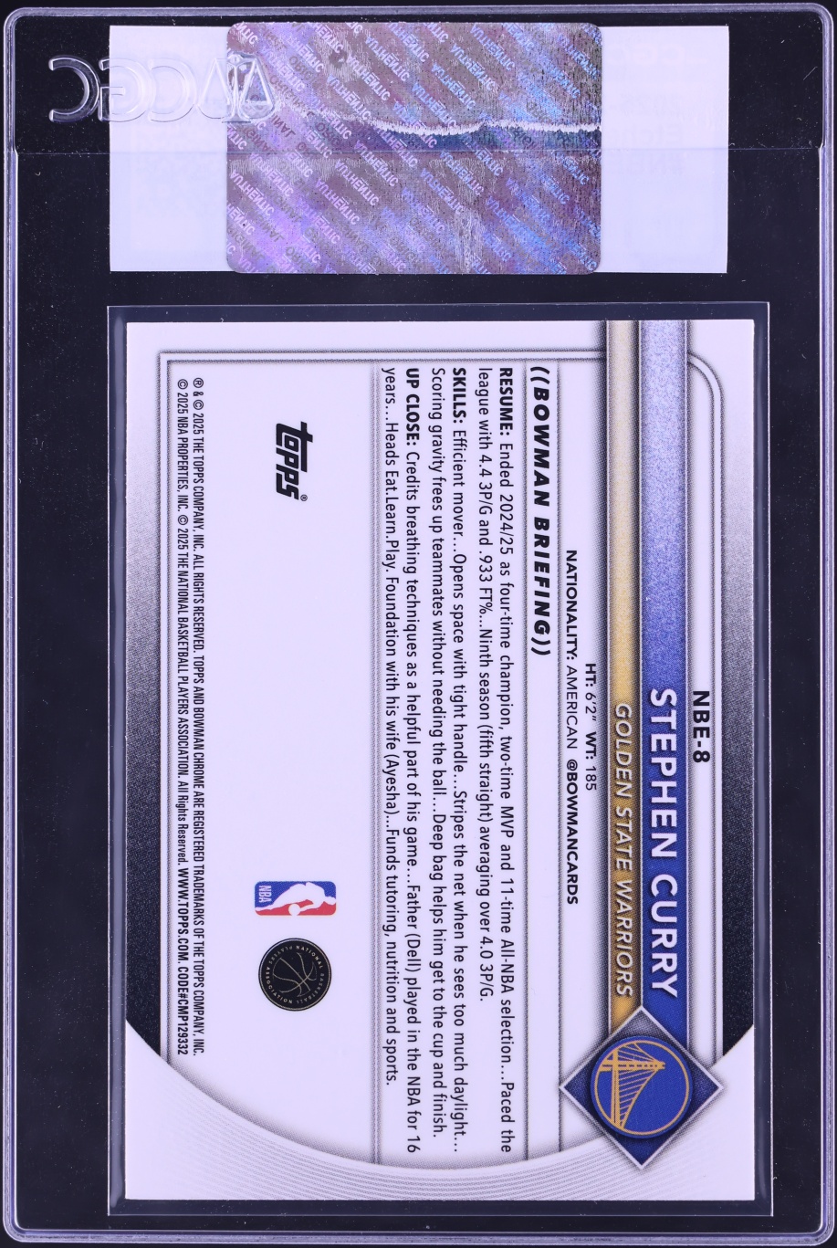 2025 Bowman Chrome Etched In Glass Stephen Curry #NBE-8 CGC AUTH