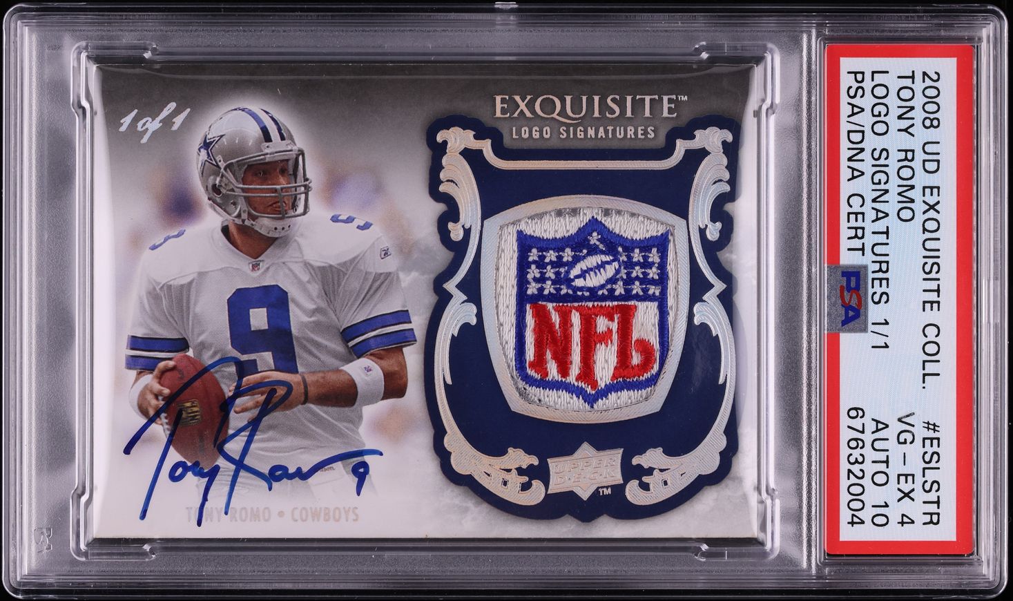 2008 Exquisite Collection Tony Romo NFL SHIELD PATCH AUTO DNA 10 1/1 PSA 4 VGEX - Photo 1