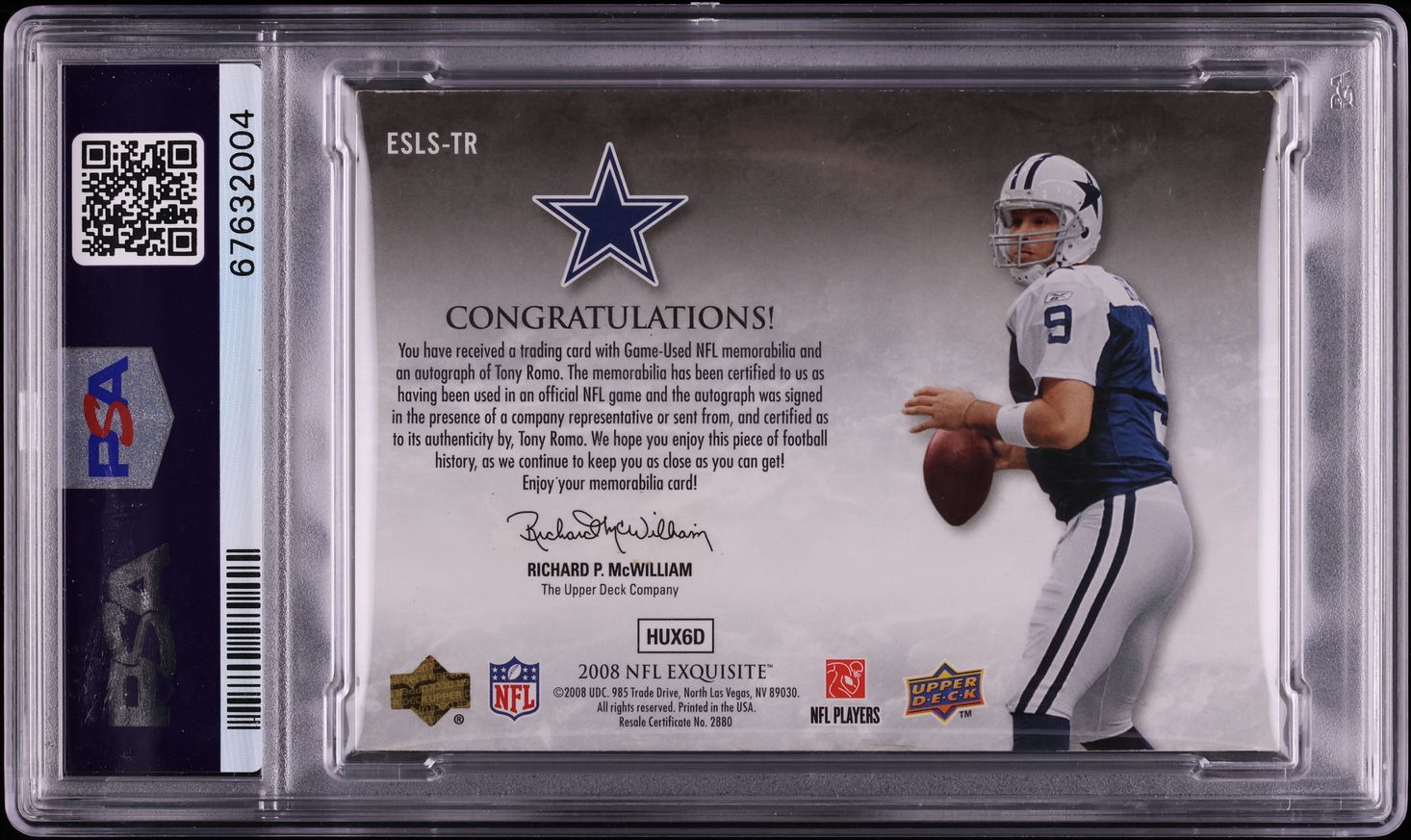 2008 Exquisite Collection Tony Romo NFL SHIELD PATCH AUTO DNA 10 1/1 PSA 4 VGEX - Photo 2