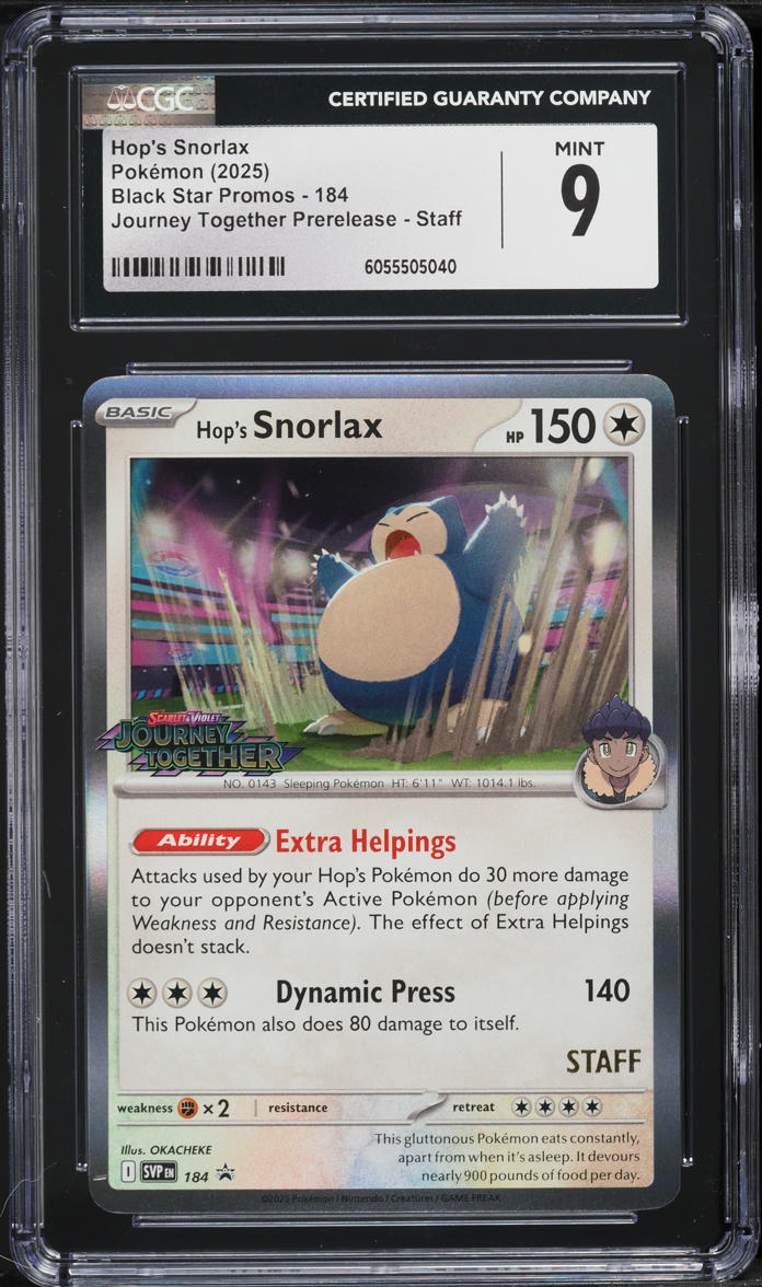 2025 Pokemon SV Promo Journey Together Prerelease Staff Hop's Snorlax #184 CGC 9 MINT