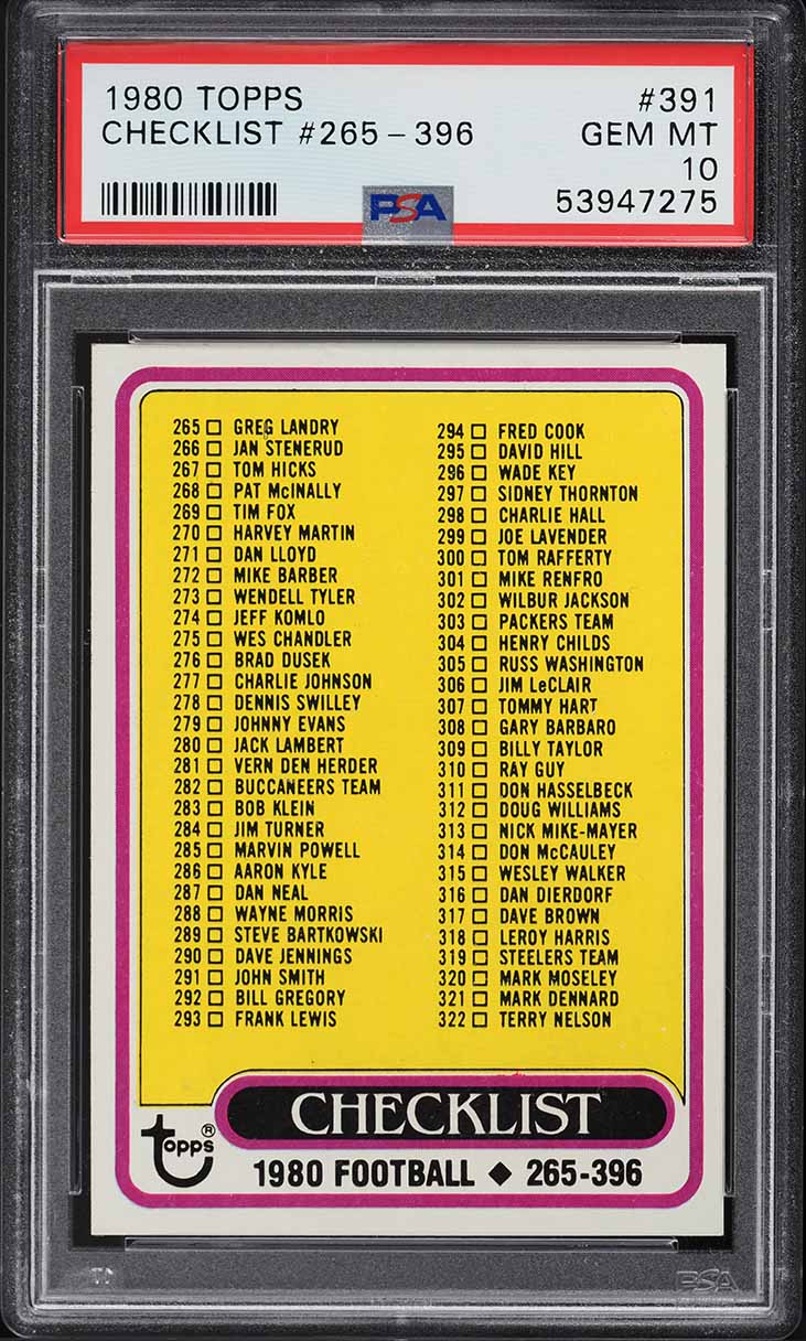 1980 Topps Football Checklist #265-396 #391 PSA 10 GEM MINT