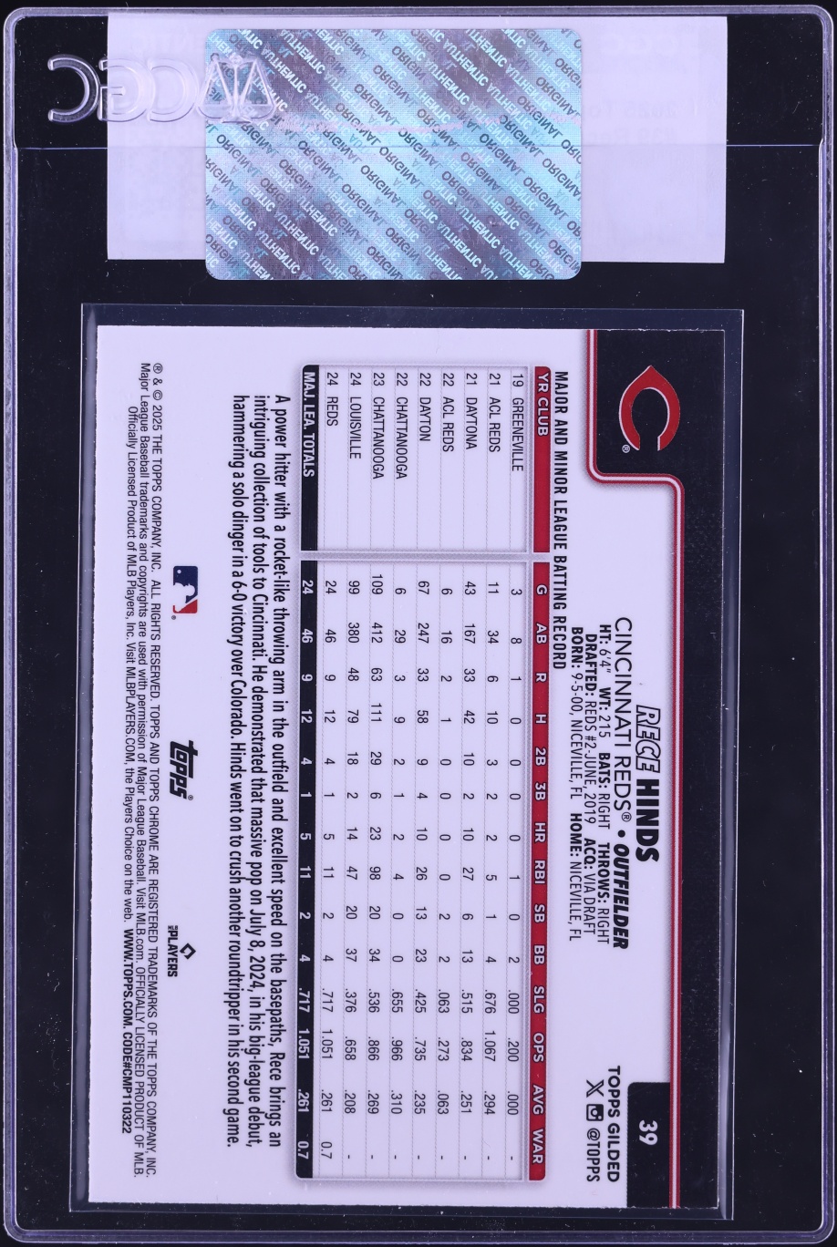 2025 Topps Chrome Gilded Collection Rece Hinds ROOKIE /99 #39 CGC AUTH
