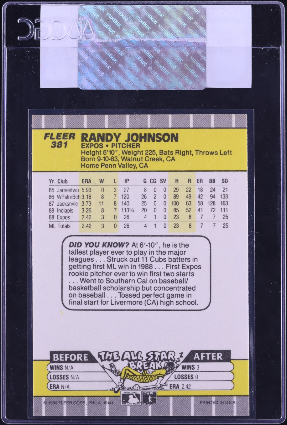 1989 Fleer Randy Johnson ROOKIE, AD BLACKED OUT #381 CGC AUTH