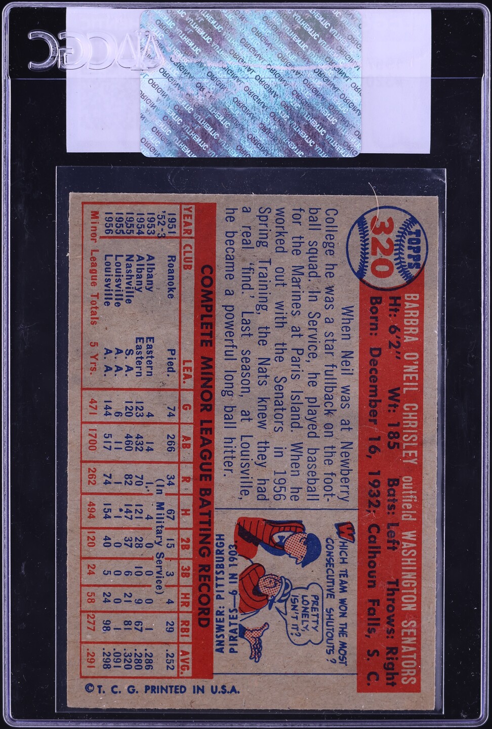 1957 Topps Neil Chrisley #320 CGC AUTH