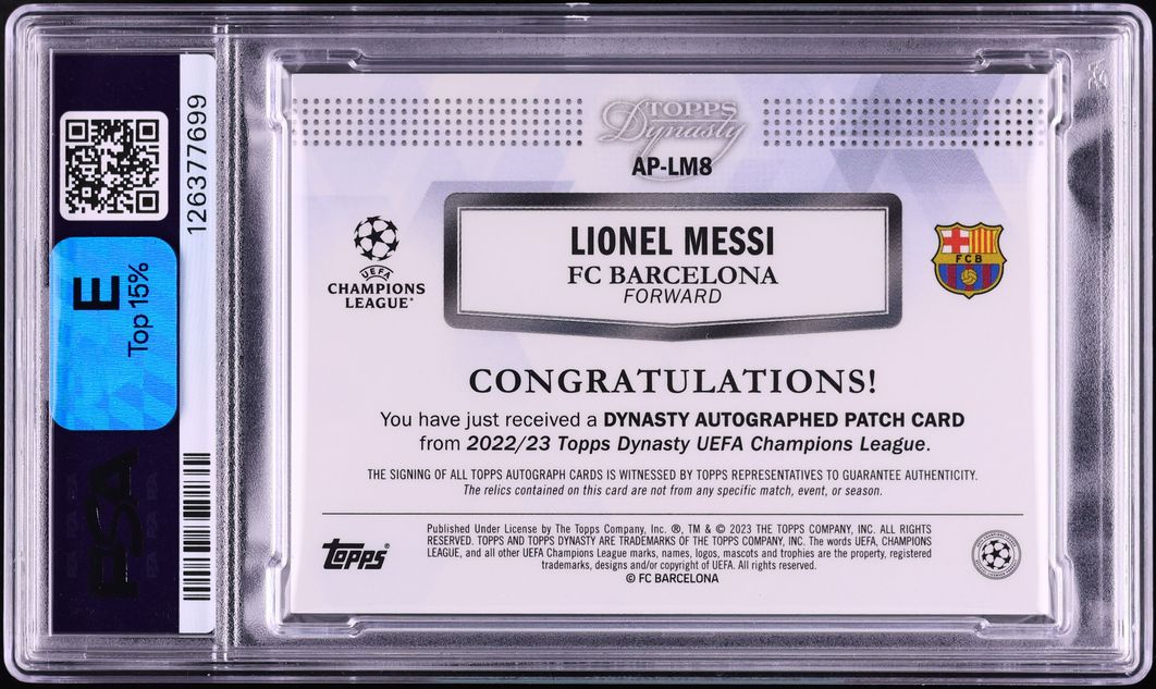2022 Topps Dynasty UEFA Champions League Lionel Messi PATCH AUTO /10 #AP-LMB PSA 9 MINT