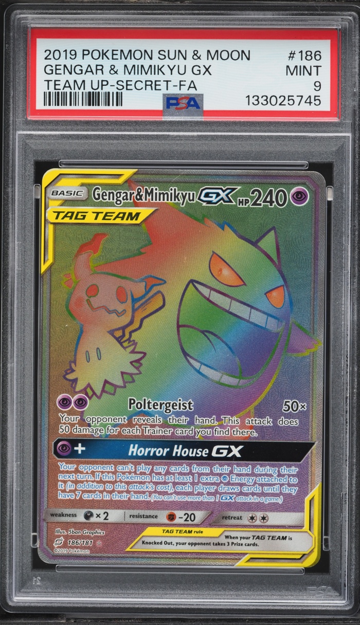 2019 Pokemon Sun & Moon Team Up Rainbow Rare Gengar & Mimikyu GX #186 PSA 9 MINT