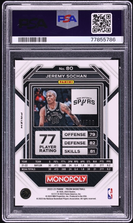 2022 Panini Prizm Monopoly Gold Money Shimmer Jeremy Sochan ROOKIE /500 #80 PSA 10 GEM MINT