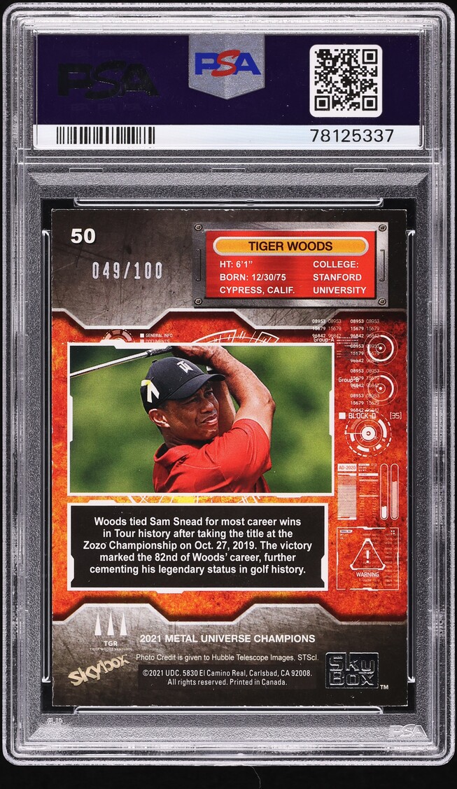 2021 Metal Universe Champions Precious Metal Gems PMG Orange Tiger Woods /100 #50 PSA 7 NRMT