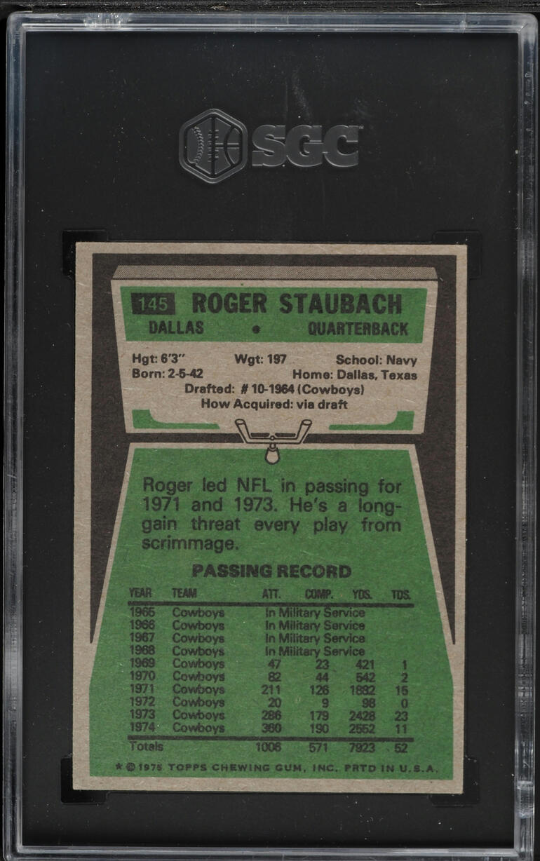 1975 Topps Football Roger Staubach #145 SGC 7 NRMT