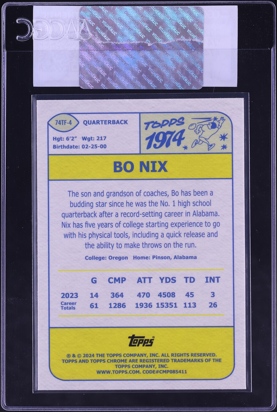 2024 Topps Chrome '74 Bo Nix ROOKIE #74TF-4 CGC AUTH