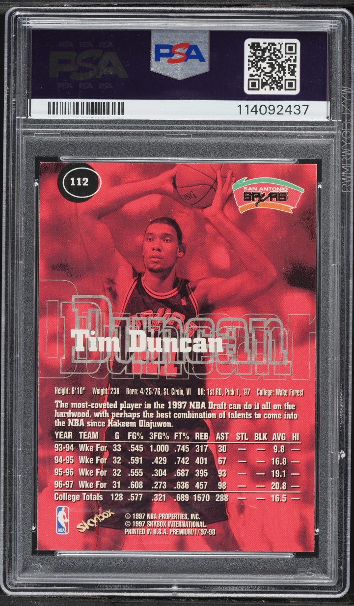 1997 Skybox Premium Tim Duncan ROOKIE #112 PSA 9 MINT