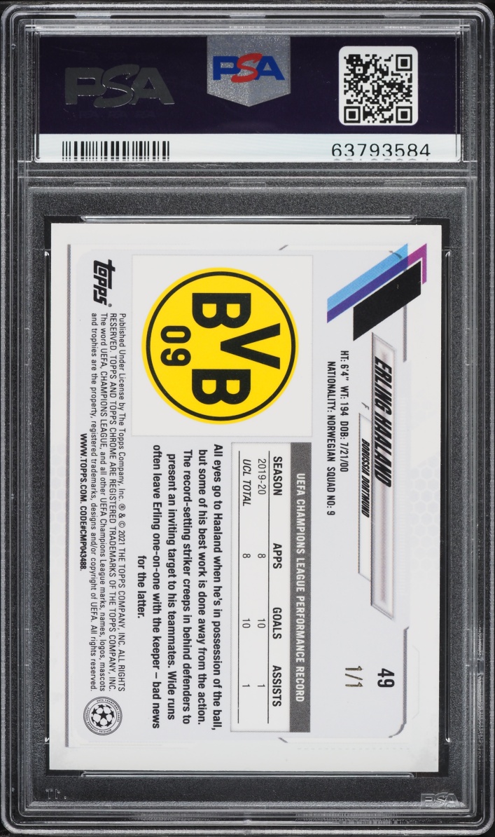 2020 Topps Chrome UEFA Superfractor Erling Haaland 1/1 #49 PSA 9 MINT