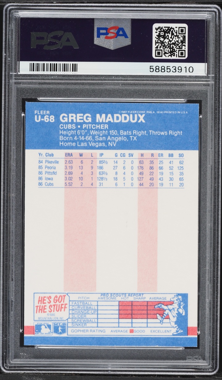 1987 Fleer Update Glossy Greg Maddux ROOKIE #U-68 PSA 8 NM-MT