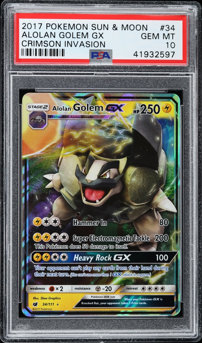 2017 Pokemon Sun & Moon Crimson Invasion Alolan Golem GX #34 PSA 10 GEM MINT