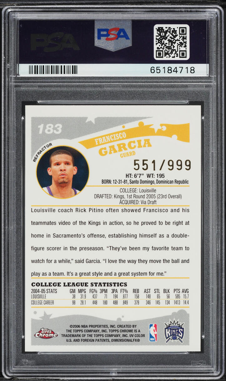 2005 Topps Chrome Refractor Francisco Garcia ROOKIE /999 #183 PSA 10 GEM MINT