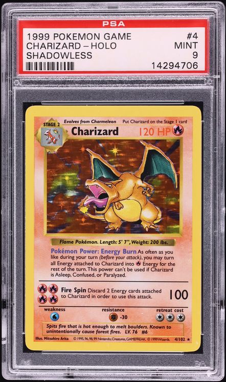 1999 Pokemon Base Set Shadowless Holo Charizard #4 PSA 9 MINT