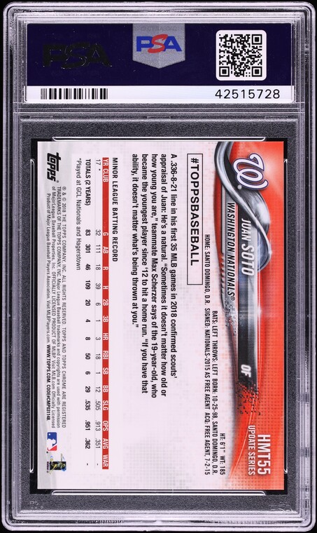 2018 Topps Chrome Update Pink Refractor Juan Soto ROOKIE #HMT55 PSA 10 GEM MINT