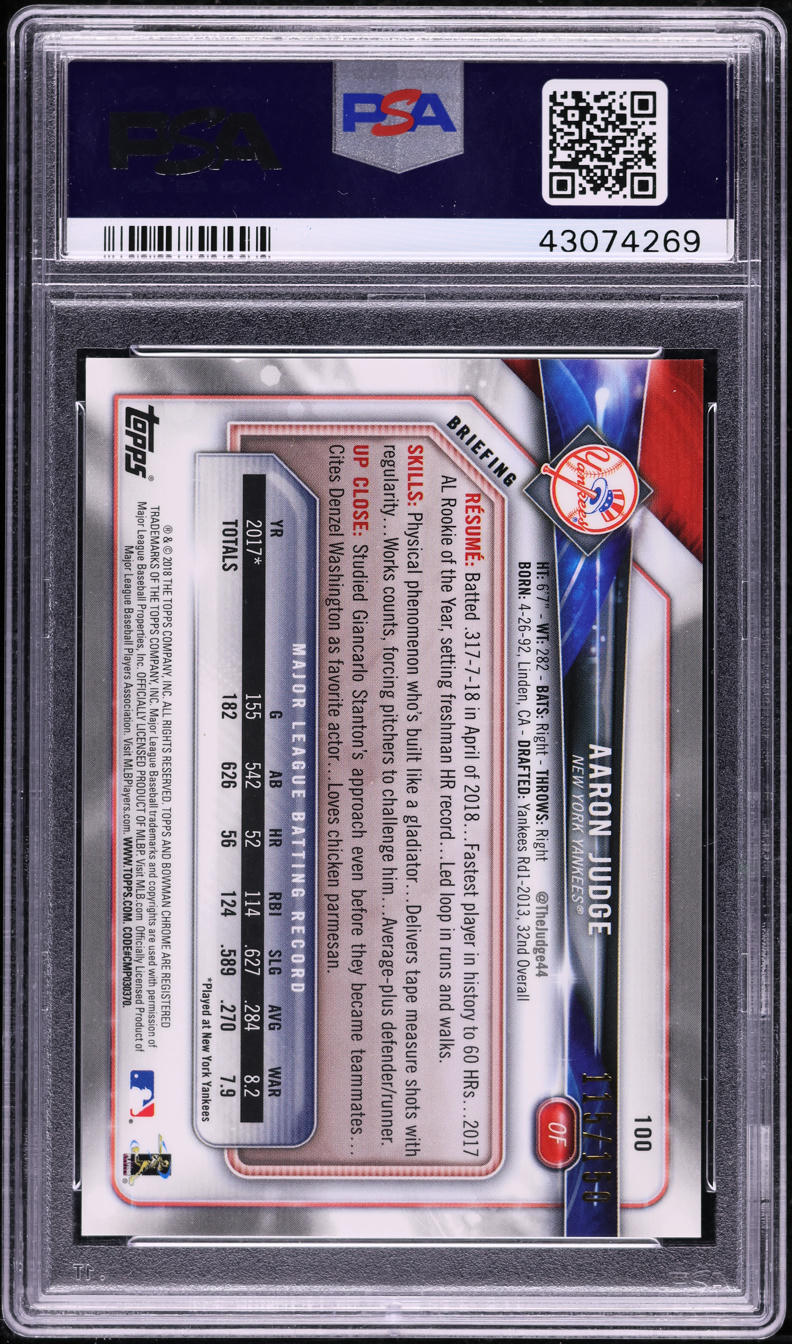 2018 Bowman Chrome Blue Refractor Aaron Judge /150 #100 PSA 10 GEM MINT