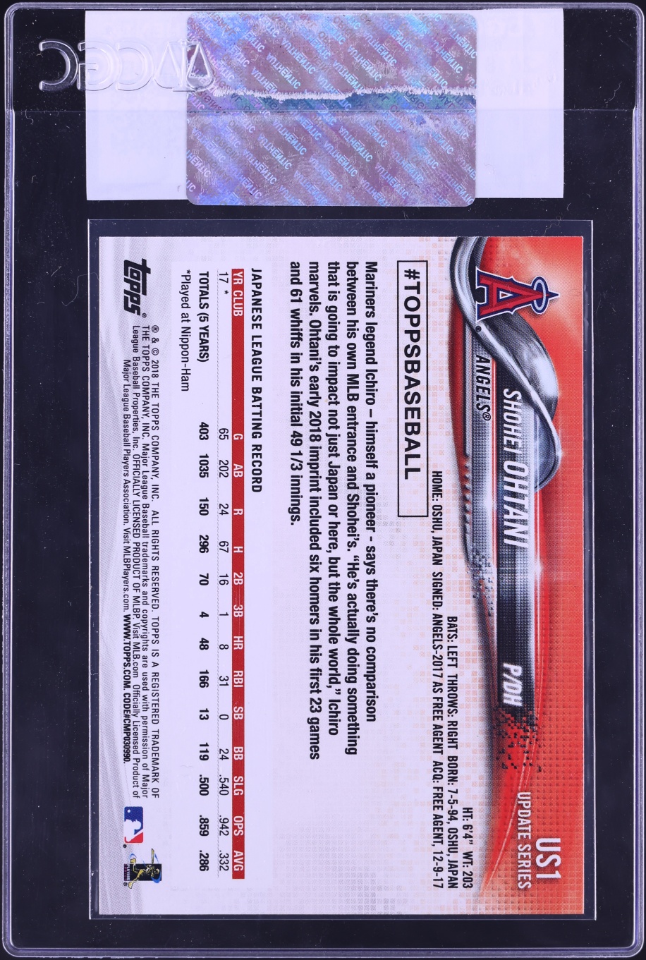 2018 Topps Update Shohei Ohtani ROOKIE #US1 CGC AUTH