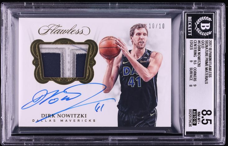 2017 Panini Flawless Prime Materials Gold Dirk Nowitzki PATCH AUTO 10/10 #SM-DN BGS 8.5 NM-MT+