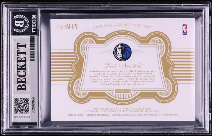 2017 Panini Flawless Prime Materials Gold Dirk Nowitzki PATCH AUTO 10/10 #SM-DN BGS 8.5 NM-MT+